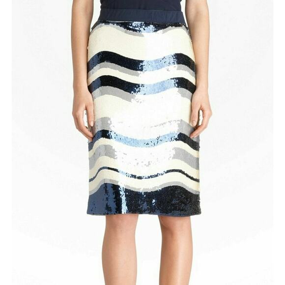 Tory Burch Sequin Adriana Sequined Pencil Skirt Blue Cream Sz M - Picture 1 of 14